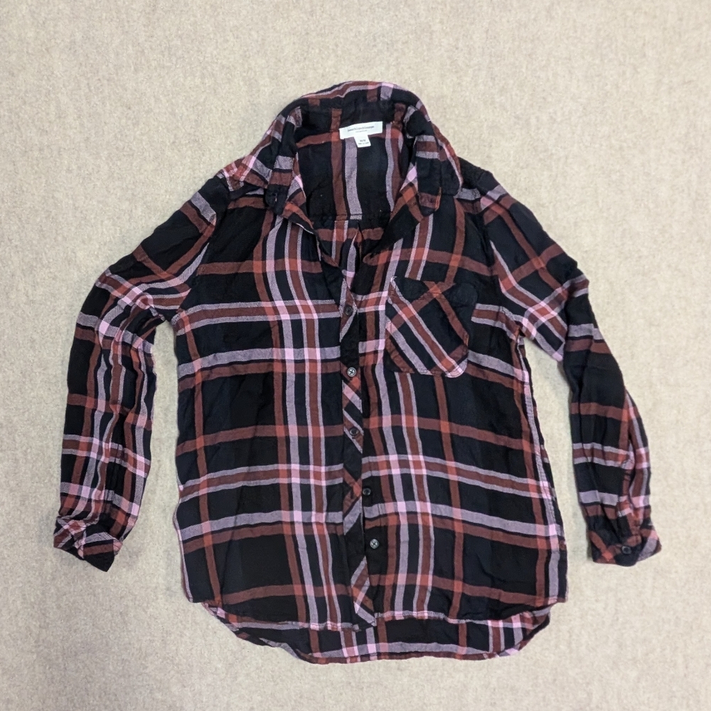 beachlunchlounge Women's Medium Plaid Shirt - Black and Pink So Soft Rayon